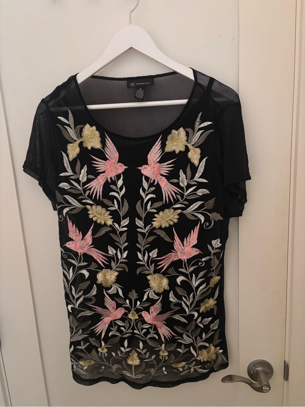 INC International Concepts Sheer Black Mesh Top with Embroidery